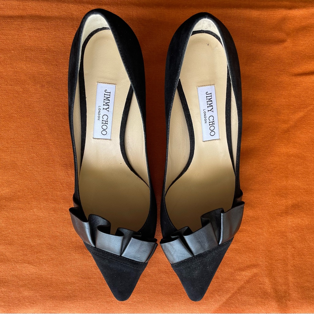 Jimmy Choo Black Pointed Toe Ruffle Flats